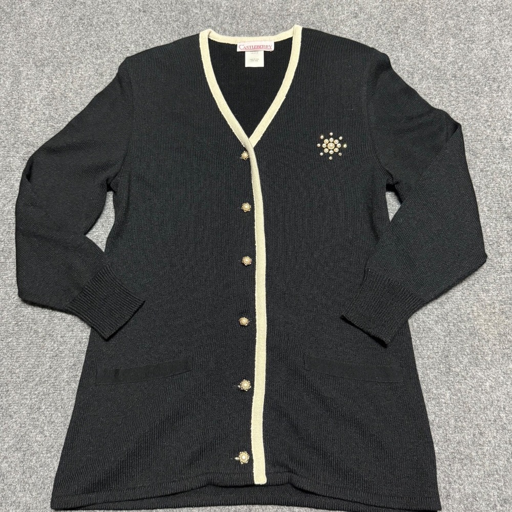 Vintage Castleberry Cardigan Sweater 10 Black Chic Shoulder Pads USA